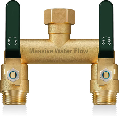 Hose Splitter 2 Way Heavy Duty, Full Flow Garden Hose Splitter with 2 Long Metal Handles, Brass Rust and Freeze Resistant Water Hose Bib Splitter, T Adapter Connector with 3/4 - Inch GHT Thread（Red）