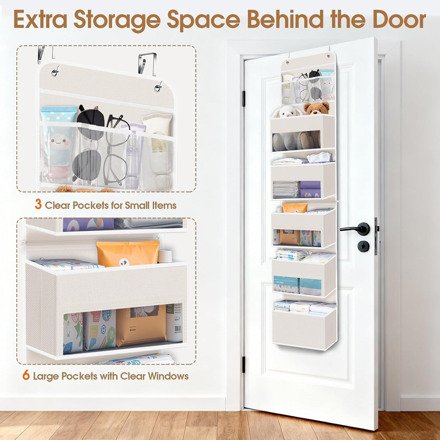 WISELIFE Over The Door Organizer Storage with 4 Large Pockets Door Hanging Organizer with Clear Windows behind The Door Storage for Nursery Bedroom Bathroom Pantry Closet and Baby Essentials Dark Grey