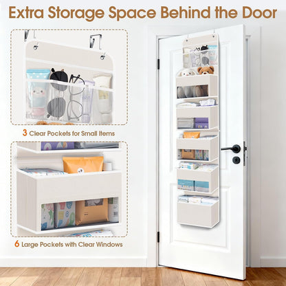 WISELIFE Over The Door Organizer Storage with 4 Large Pockets Door Hanging Organizer with Clear Windows behind The Door Storage for Nursery Bedroom Bathroom Pantry Closet and Baby Essentials Dark Grey