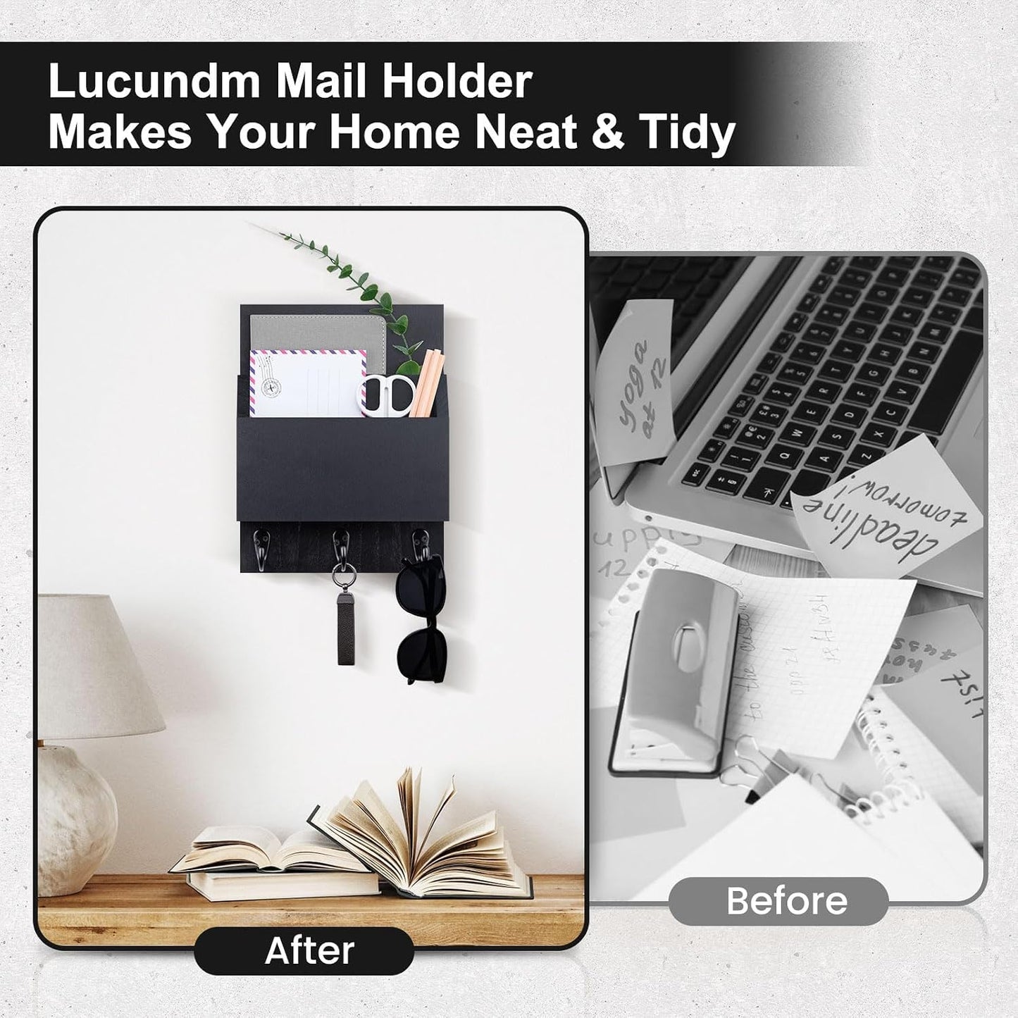 Key and Mail Holder for Wall Mount, Entryway Mail Holder with 2 Slot, Key Holder with 3 Sturdy Hooks for Coat, Dog Leash, Decorative Key Rack (8.86”W x 11.42”H x 3”D) (Black)