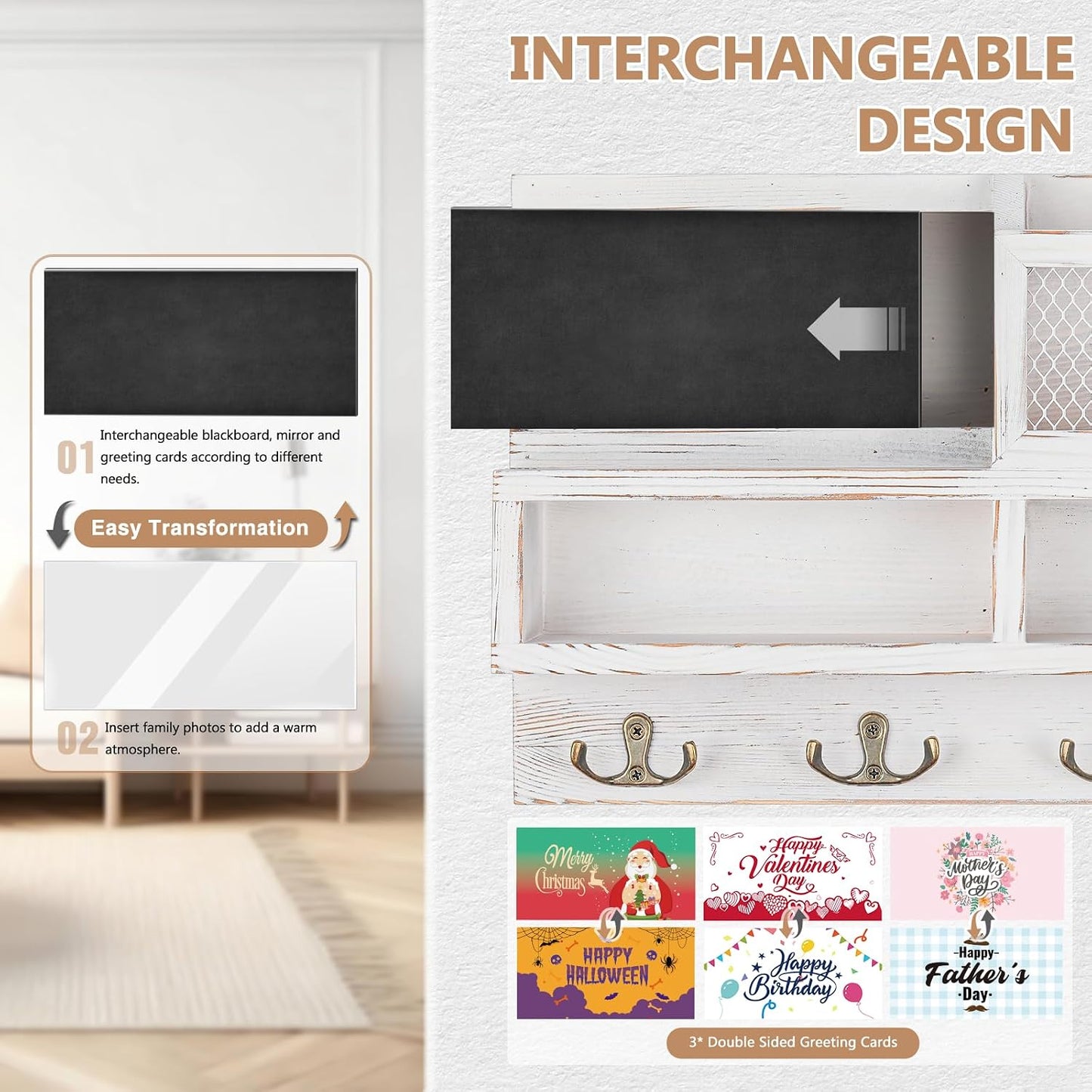 Key Holder Wall Mount, Wooden Mail and Key Organizer with Chalkboard and Mirror, 3 Greeting Cards, 8 Hooks, Brown