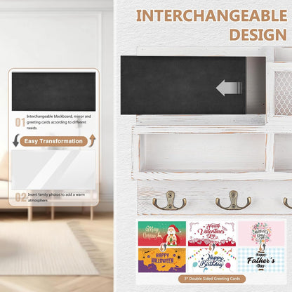 Key Holder Wall Mount, Wooden Mail and Key Organizer with Chalkboard and Mirror, 3 Greeting Cards, 8 Hooks, Brown