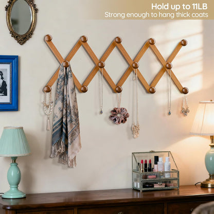 WGFKVAS 2 Pack Accordion Hat Rack for Wall - Expandable Coat Rack & Wall Mounted Hat Holder - Wooden Wall Hanger with 10 Peg Hooks for Coats, Baseball Caps, Keys & Mugs