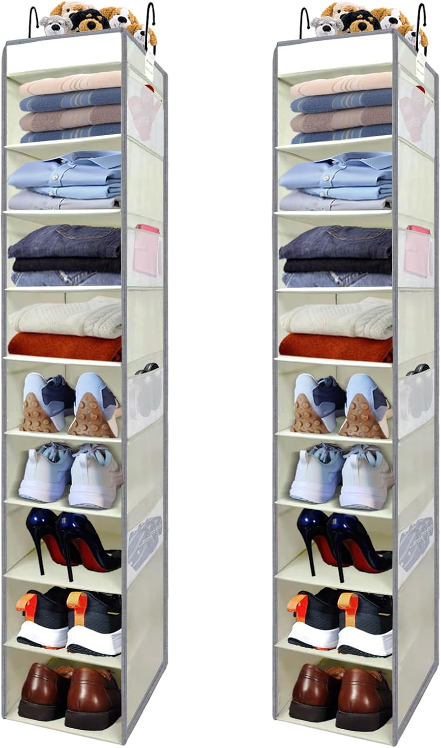 Large-Sized Hanging Shoe Organizer 10-Shelf, Sturdy Hanging Closet Organizer with 8 Side Pockets, Wider Hanging Shelves for Storage Shoes Clothes Jeans Shirts Toys, Black