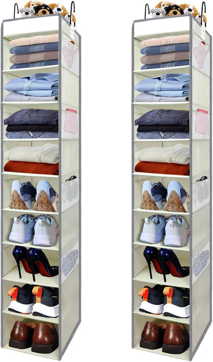 Large-Sized Hanging Shoe Organizer 10-Shelf, Sturdy Hanging Closet Organizer with 8 Side Pockets, Wider Hanging Shelves for Storage Shoes Clothes Jeans Shirts Toys, Black