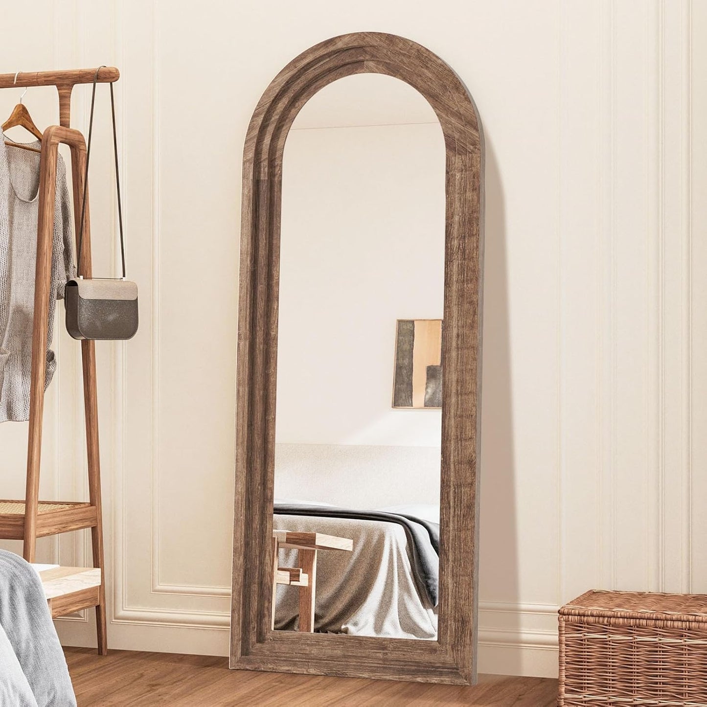 71x32 Inch Arched Full Length Mirror with Solid Wood Frame Wall Mounted Floor Mirror, Vertical Hanging Leaning Standing Mirror for Living Room, Bedroom, Entryway, Brown