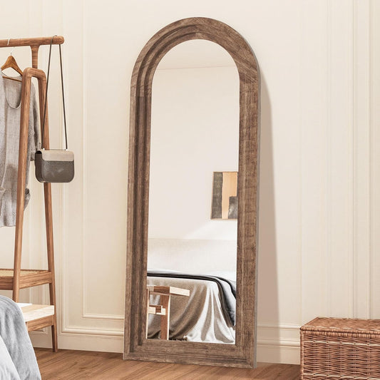 71x32 Inch Arched Full Length Mirror with Solid Wood Frame Wall Mounted Floor Mirror, Vertical Hanging Leaning Standing Mirror for Living Room, Bedroom, Entryway, Brown