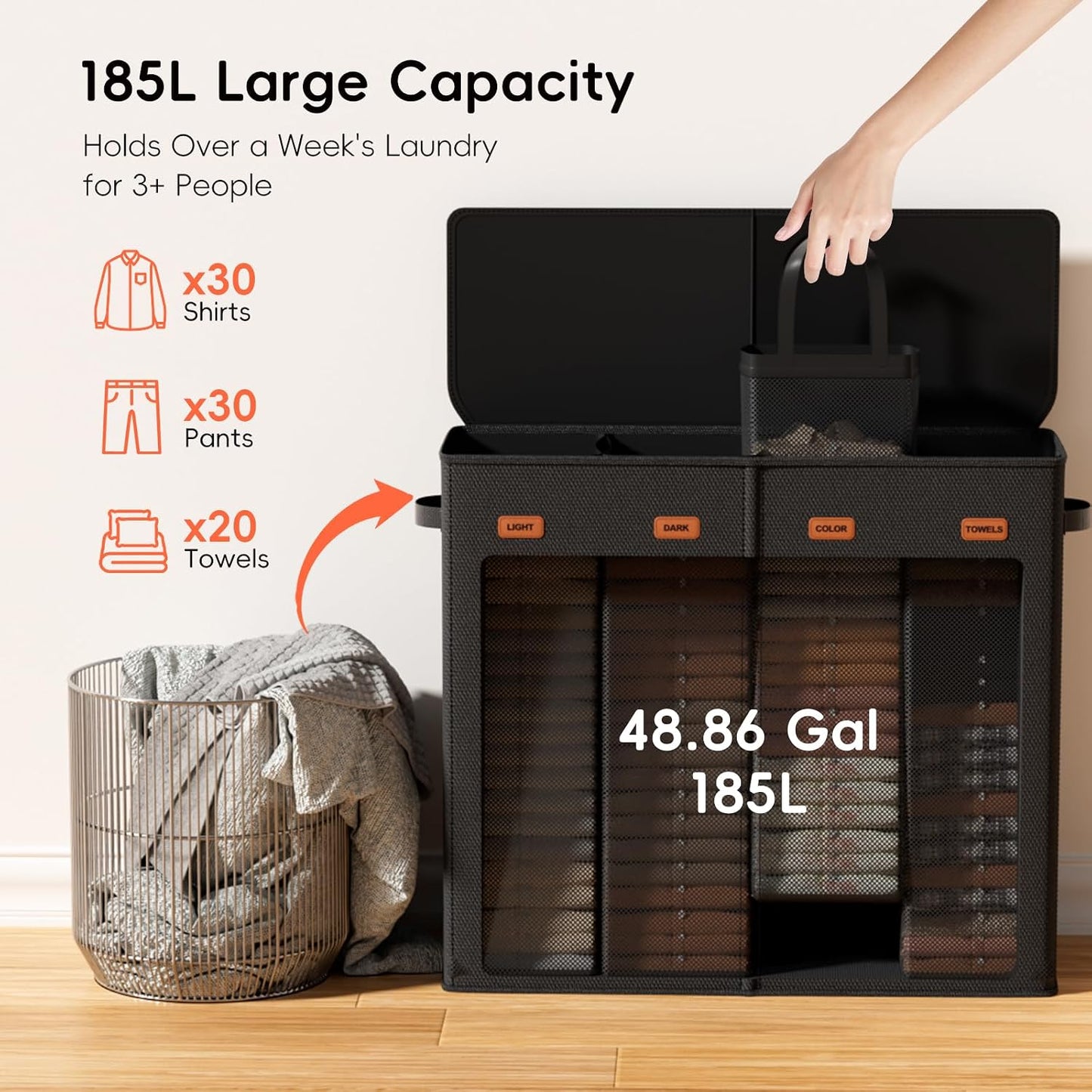 185L Laundry Hamper 3 Section, Laundry Hamper with Lid, Dirty Clothes Hamper with 3 Removable Washing Bags, Extra Large Laundry Basket Organizer for Bedroom, Laundry Room, Dorm - Black