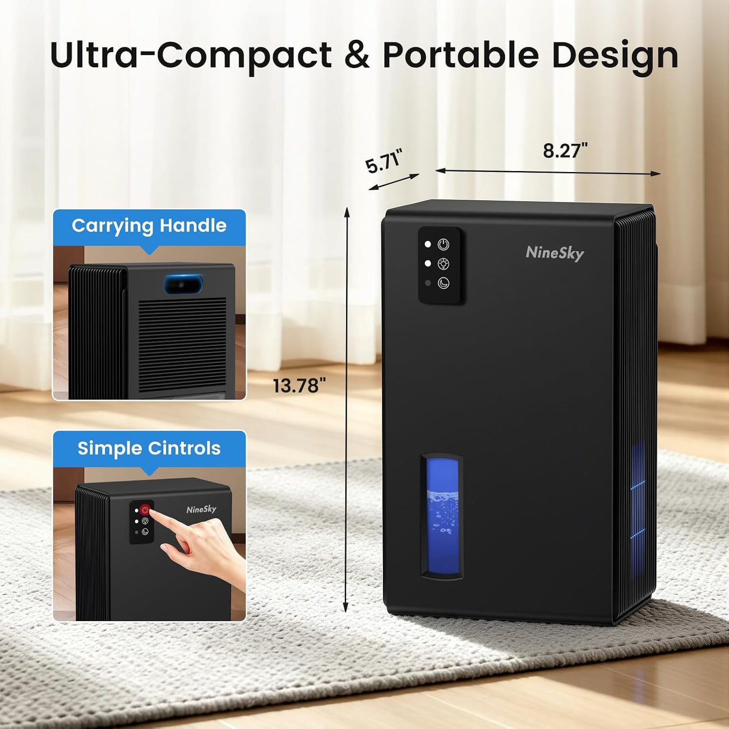 NineSky Dehumidifiers for Home, 1000 Sq.Ft Dehumidifier with 95oz Water Tank, Quiet Dehumidifier for Basement Bathroom Bedroom with 7-Color Ambient Light & Auto Shut Off, Sliver