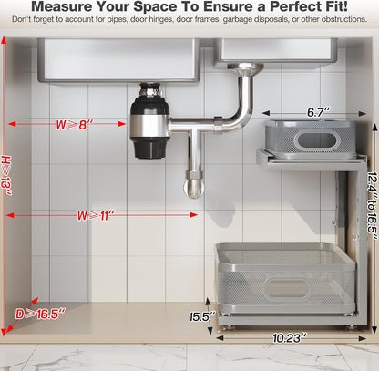 2 Pack 18.5IN-Depth Under Sink Organizer With Next-Gen Ball-Bearing Slides,2-Tier Precision Mesh Pull Out Cabinet Storage for Bathroom&Kitchen,Height Adjustable Drawers Shelf,Anti-rust-White