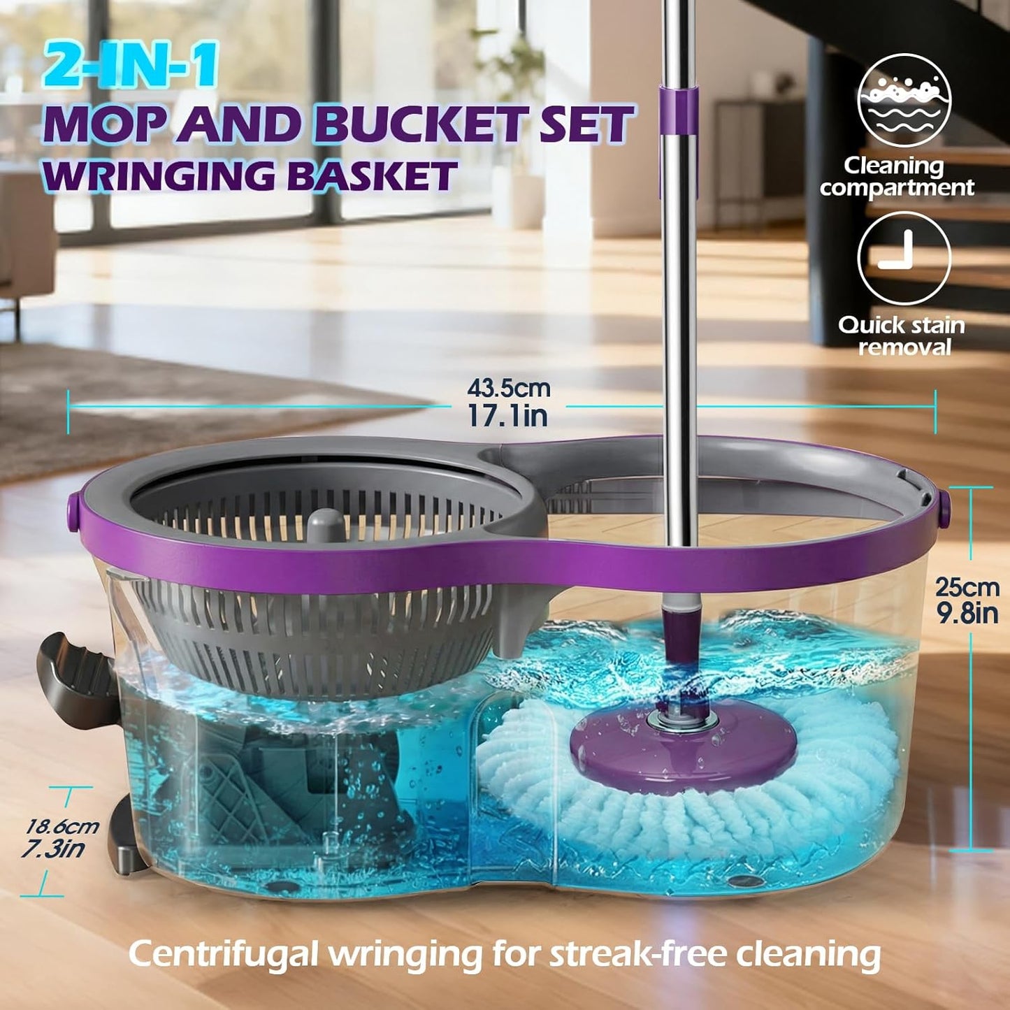 Spin Mop Bucket System,Masthome Pedal Spin Mop and Bucket with Wringer Set,EasyWring Microfiber Mop with 3 Mop Pads,360°Spinning Floor Cleaning System - Home & Office Suitable
