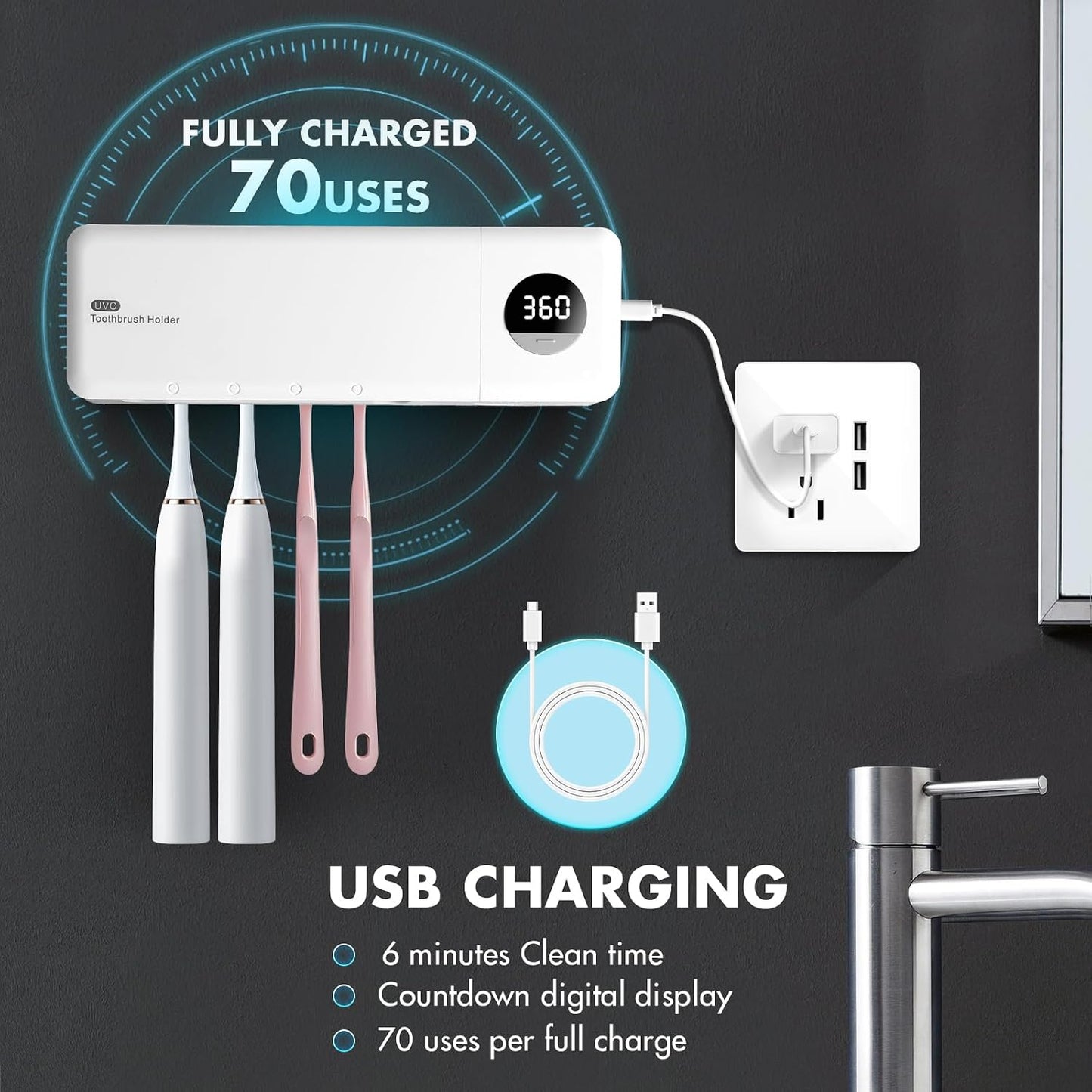 Auntyfey Sanitizeri Toothbrush Holder, Sanitizeri Toothbrush Cleaner, 2000mAh Rechargeable Cordless Wall Mounted Holders for Bathroom, 4 Slots & Timer Function, White