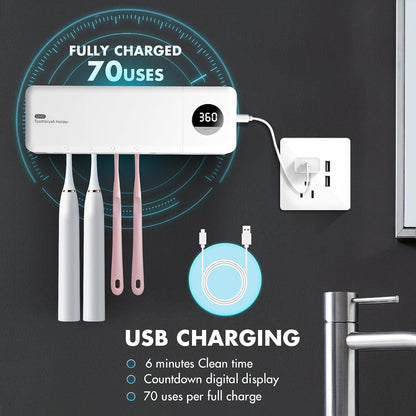 Auntyfey Sanitizeri Toothbrush Holder, Sanitizeri Toothbrush Cleaner, 2000mAh Rechargeable Cordless Wall Mounted Holders for Bathroom, 4 Slots & Timer Function, White