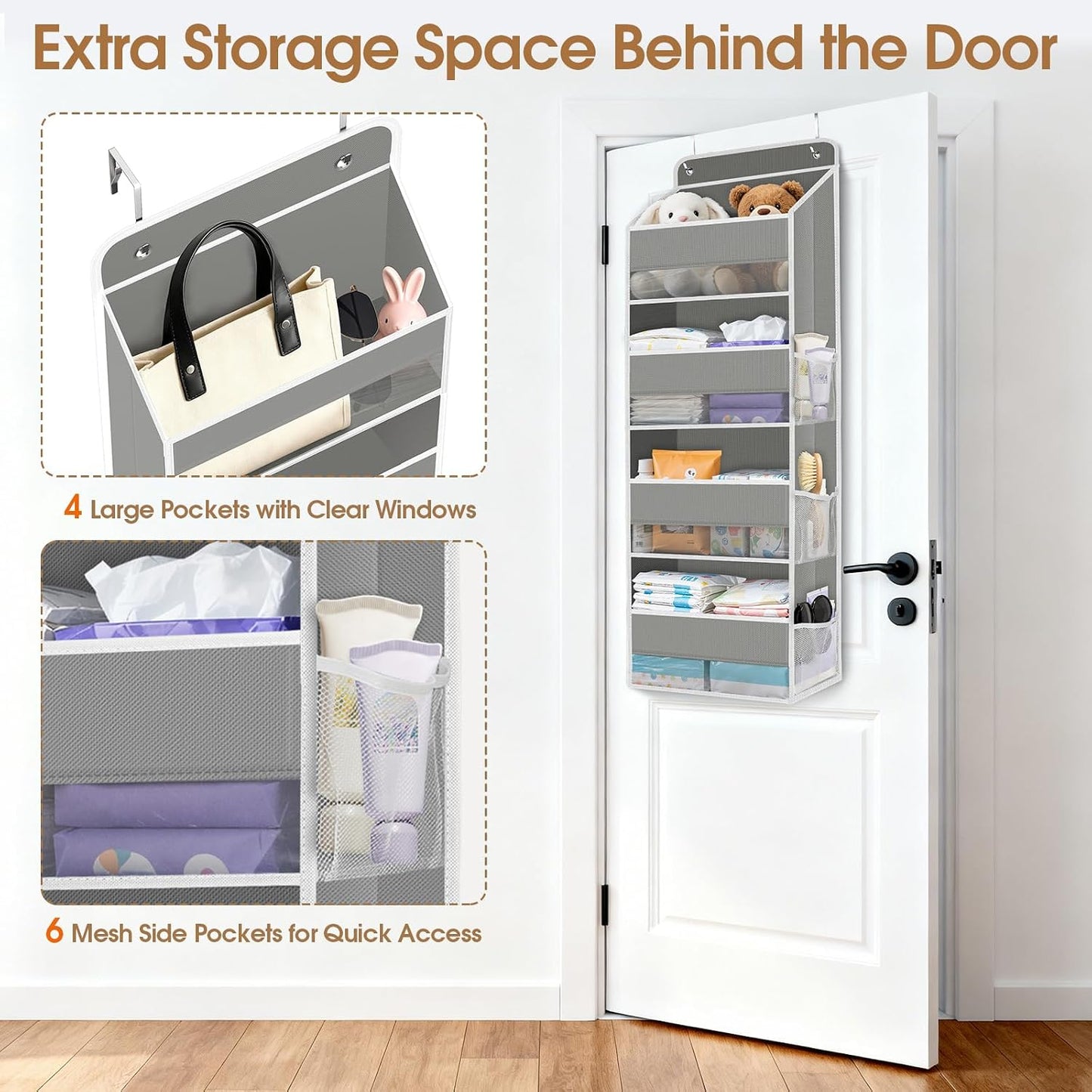 WISELIFE Over The Door Organizer Storage with 4 Large Pockets Door Hanging Organizer with Clear Windows behind The Door Storage for Nursery Bedroom Bathroom Pantry Closet and Baby Essentials Dark Grey