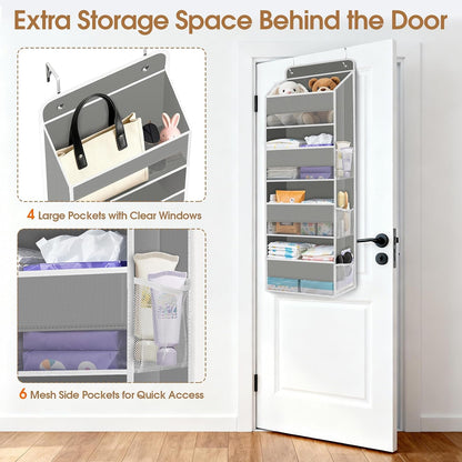 WISELIFE Over The Door Organizer Storage with 4 Large Pockets Door Hanging Organizer with Clear Windows behind The Door Storage for Nursery Bedroom Bathroom Pantry Closet and Baby Essentials Dark Grey