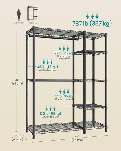 SONGMICS Heavy-Duty Clothes Rack, Garment Rack, Portable Closet, 68.7-Inch Wide Clothing Rack with Adjustable Mesh Shelves and Hanging Rails, Ink Black ULGR433B01