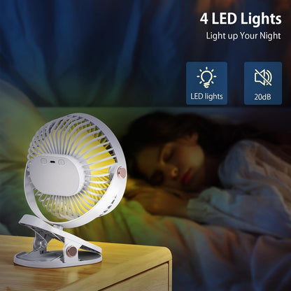 iNeibo 4000mAh Portable Clip on Fan with LED Lights, Battery Operated USB Desk Fan,4 Speed Quiet Rechargeable Mini Table Fan, 360° Rotate Personal Cooling Fan for Home Office Stroller Camping (Black)
