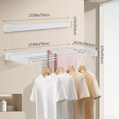 Wall Mounted Clothes Drying Rack 27.56", Foldable Retractable Garment Hanger with Towel Pole, Heavy Duty Space Saving Laundry Drying Rack for Balcony, Laundry Room, Bedroom, Bathroom (no towel pole)