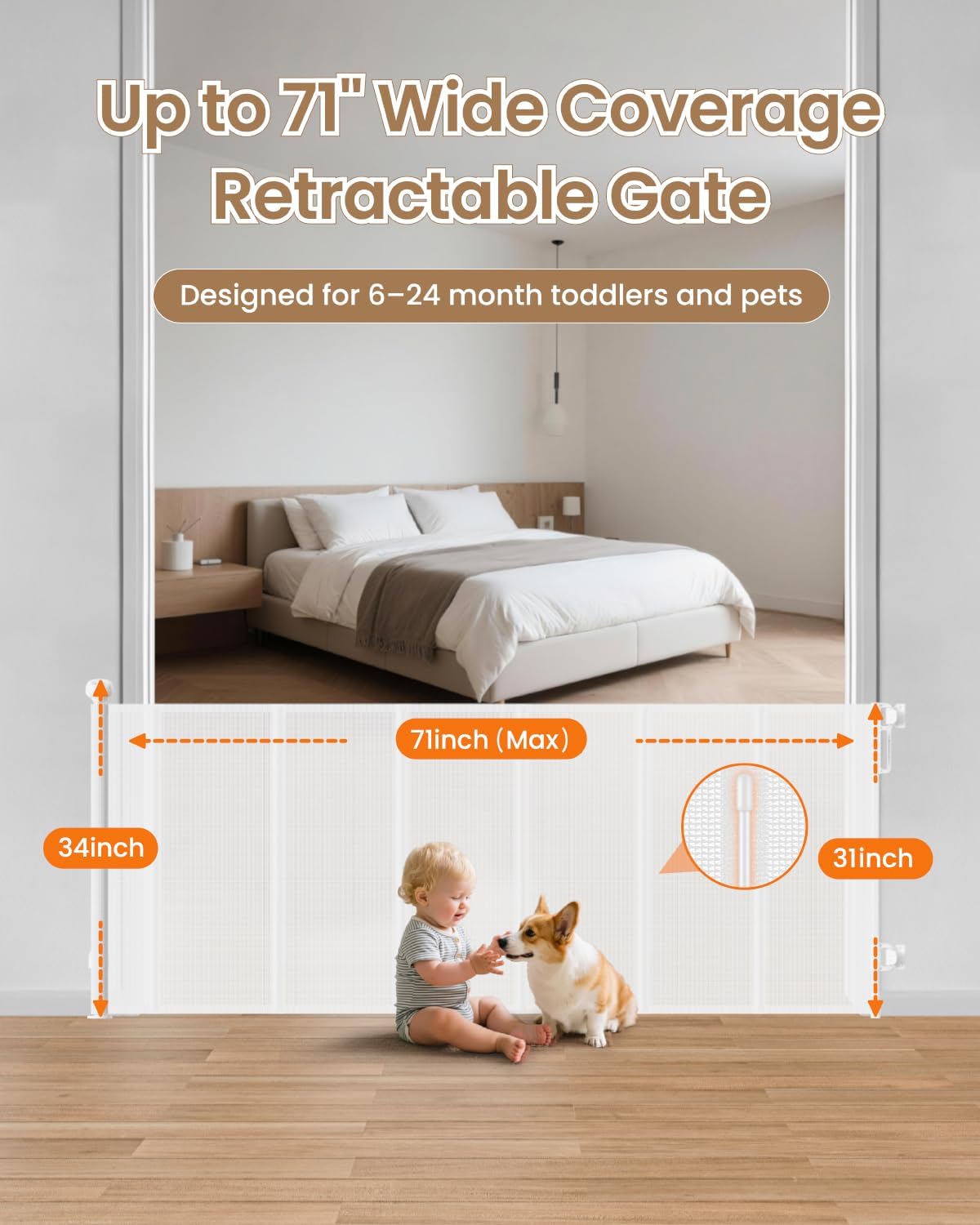 Retractable Baby Gate, 55" Wide Reinforced Mesh Baby Gate with 4 Fiberglass Support Rods for a Tighter Fit, 34" Tall Retractable Dog Gate for Stairways, Hallways and Doorways, Black