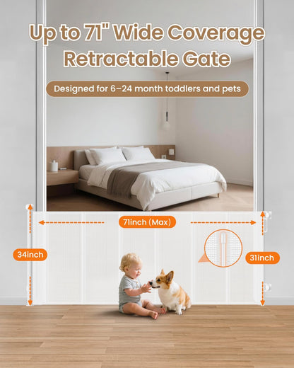 Retractable Baby Gate, 55" Wide Reinforced Mesh Baby Gate with 4 Fiberglass Support Rods for a Tighter Fit, 34" Tall Retractable Dog Gate for Stairways, Hallways and Doorways, Black