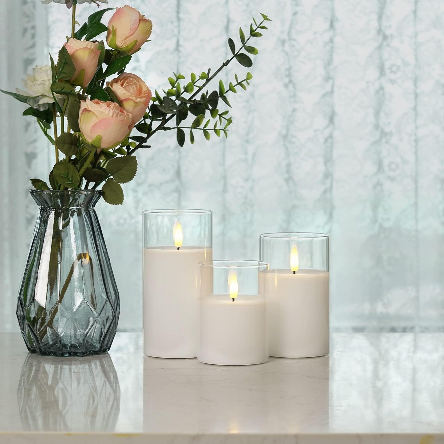 Homemory Green Glass Flameless Candles, Battery Operated LED Pillar Candles with Remote Control and Timer, Radiance Candles, Real Wax, Set of 3,D3 xH4 5" 6"