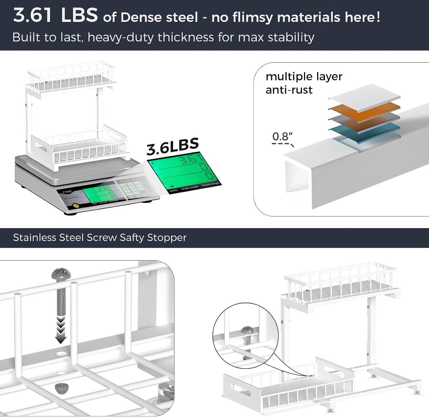 Saydear L-Shaped Under Sink Organizer, 2-Tier Pull-out Cabinet Rack 1-Pack | Black Height-Adjustable Metal Rack, Sliding Grid Drawers with Safety Stopper, Holds 100 Lbs, Ideal Kitchen Cabinet Storage
