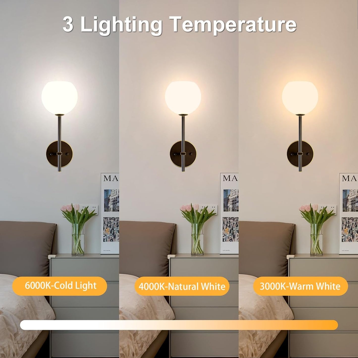 Brass Battery Operated Wall Sconces Set of 2, Rechargeable Wireless Wall Lights with Milky White Frosted Glass, 12 RGB and 3CCT Dimmable, Wall Lamps with Remote for Bedroom Living Room Hallway