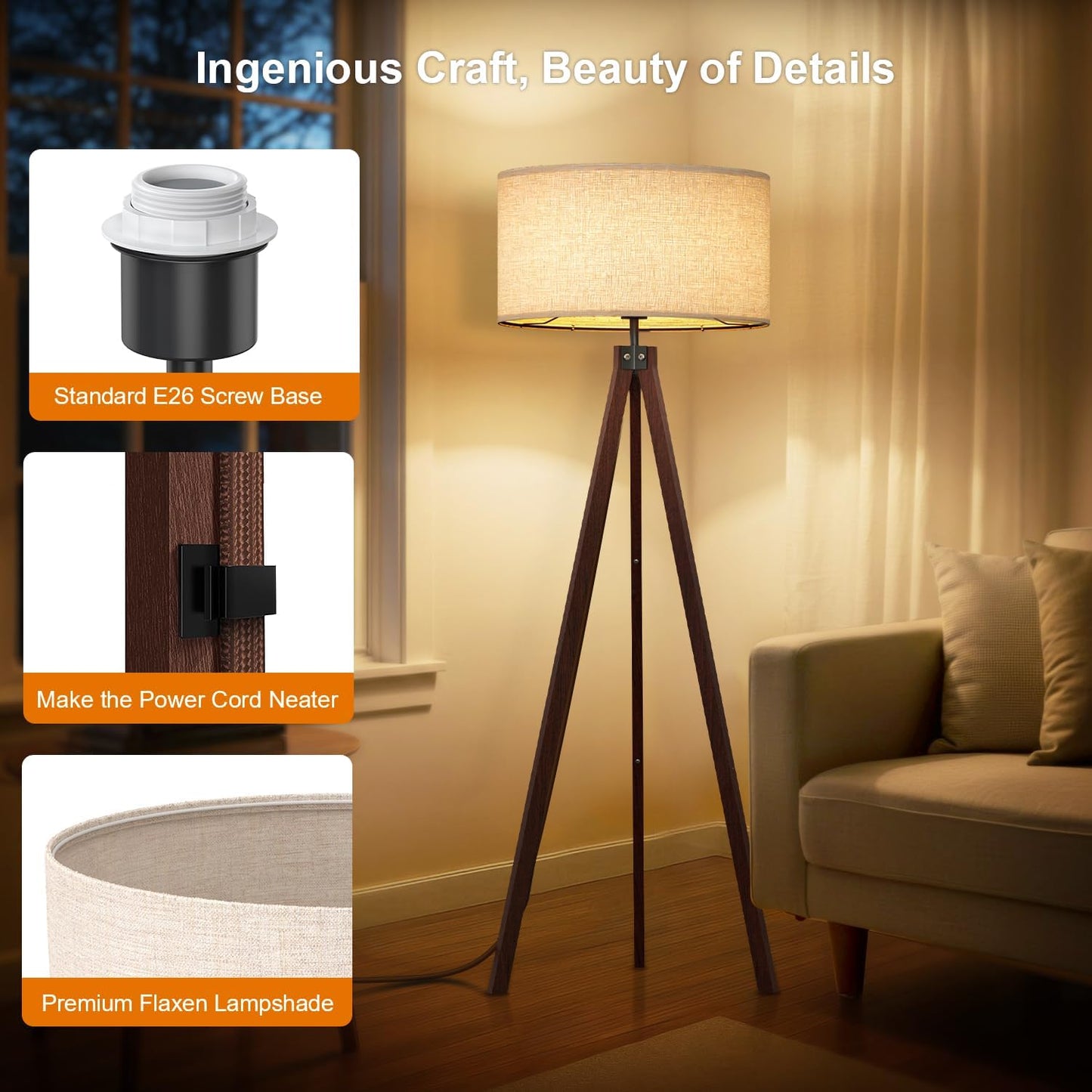 LEPOWER Tripod Floor Lamp Mid Century Modern Standing Lamps for Living Room | Light-Diffusing Linen Shade, Premium Rubberwood Tripod with E26 Base, Adding Warmth to Bedroom, Office & Study Corner Brown