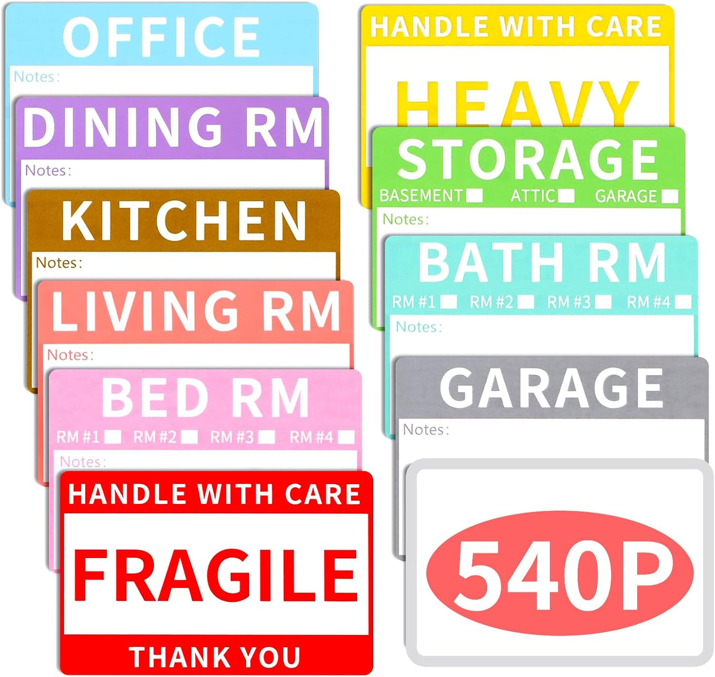 Azureal 540 PCS Moving Labels, 10 Color Coded Moving Stickers Including Fragile, Heavy and Blank Labels, 2'' x 3'' Packing Labels for Moving Boxes, Moving Supplies, Wardrobe Boxes, Apartment Sticker