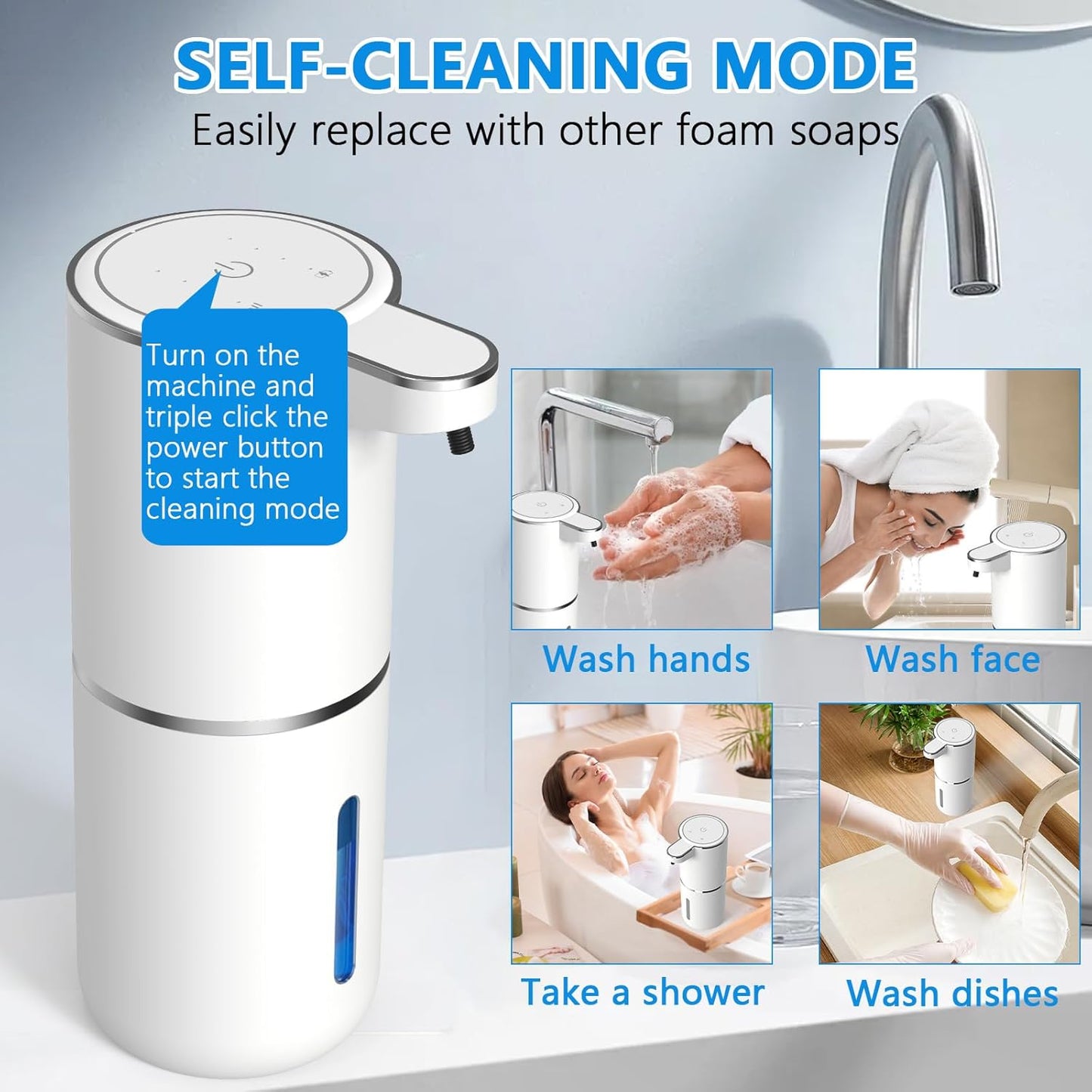 Automatic Soap Dispenser Touchless, USB Rechargeable Automatic Foaming Soap Dispenser, 12.8oz/380mL, 4 Level Adjustable, 1500mAh Smart Wall Mounted for Bathroom Kitchen Dish/Hand Soap