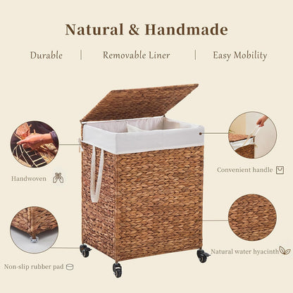 3-Section Laundry Hamper with Lid, Large Capacity Woven Natural Water Hyacinth Laundry Sorter with Removable Liners, Rolling or Non-Slip Design for Bedroom (Natural, 155L)