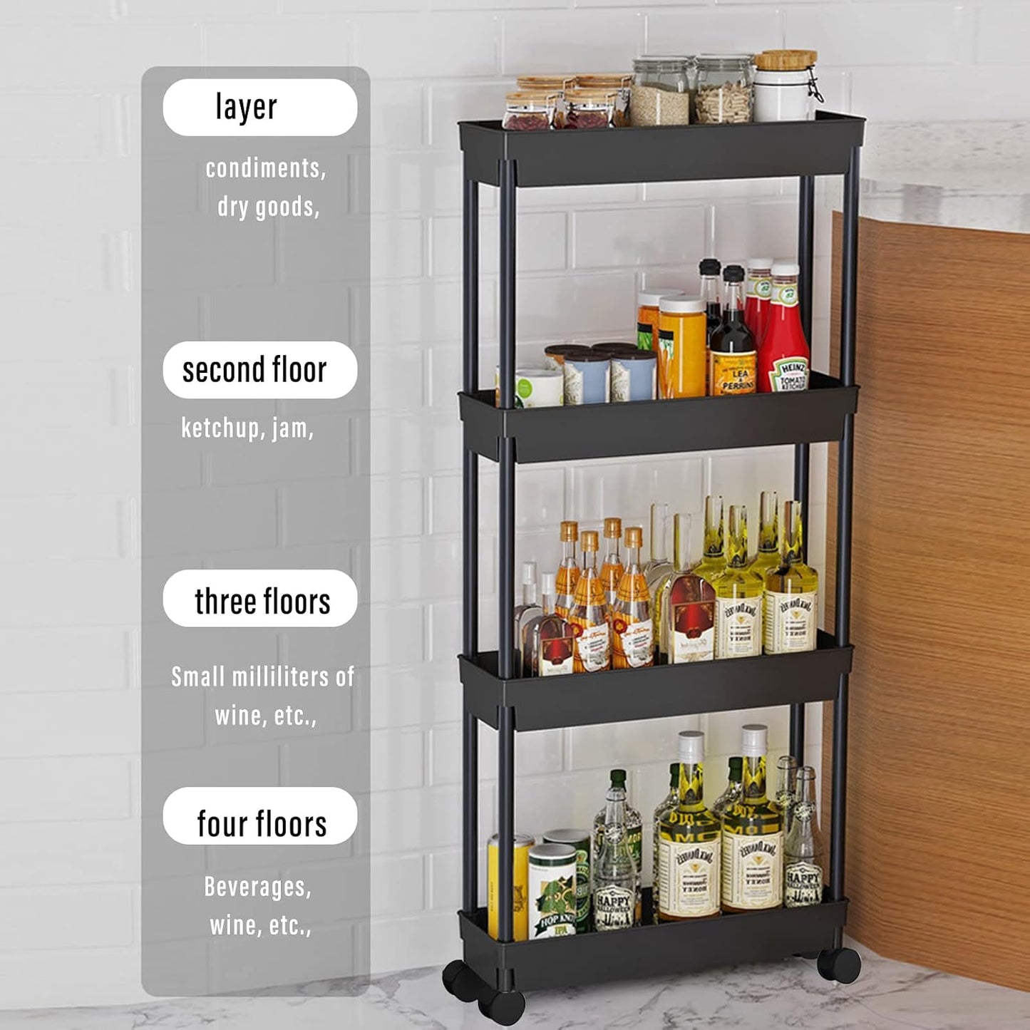 4 Tier Kitchen Bathroom Storage Rolling Cart 39 Inches Tall Slim Utility Rolling Shelf Cart with Wheels Coner Storage Shelves Cart, Black