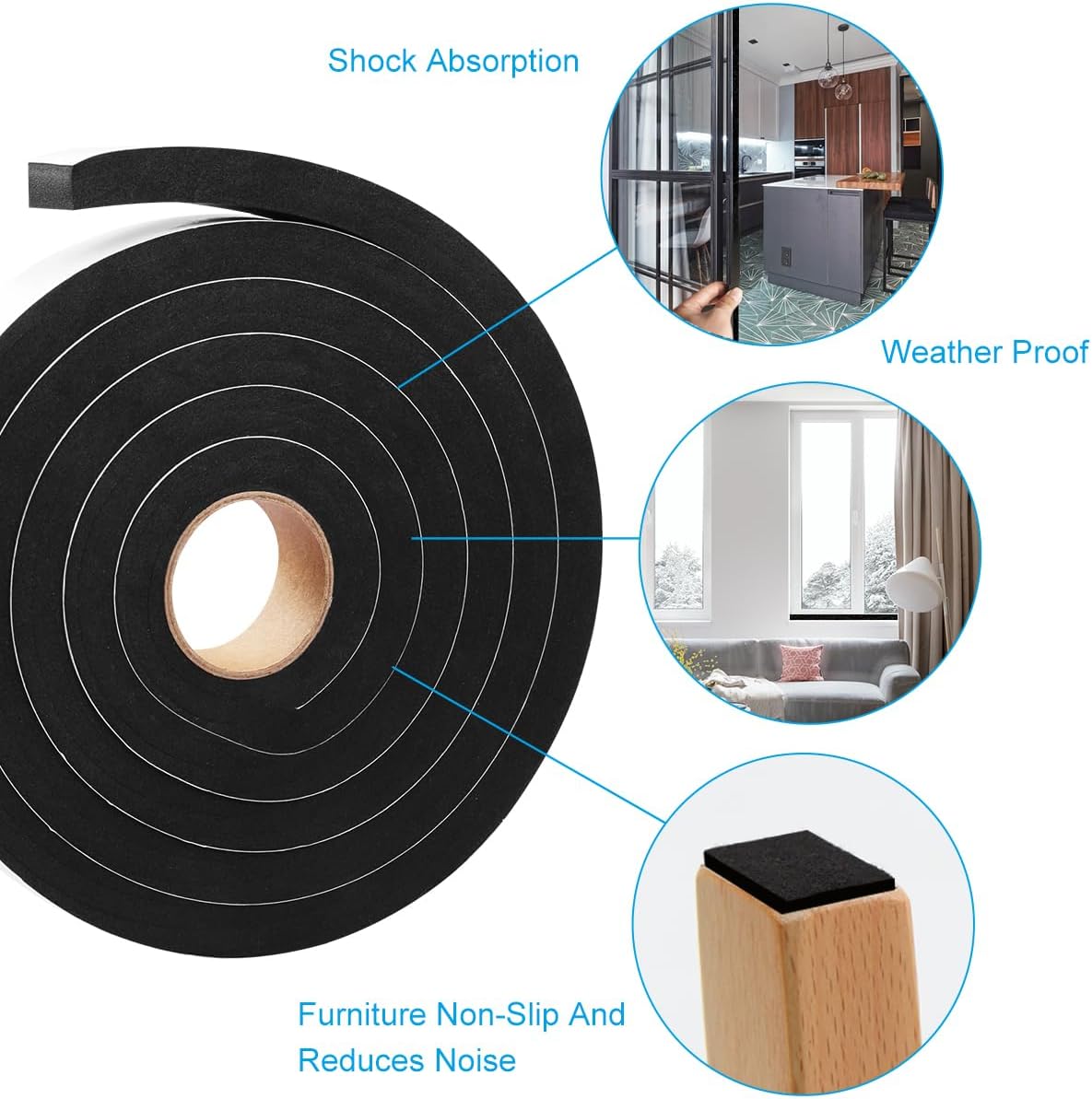 Seal Foam Tape,1/2 Inch W x 1/8 Inch T Weather Stripping for Door and Window,High Density Single Sided Closed Cell Door Insulation Weather Strip, 3 Rolls Total 50FT Black