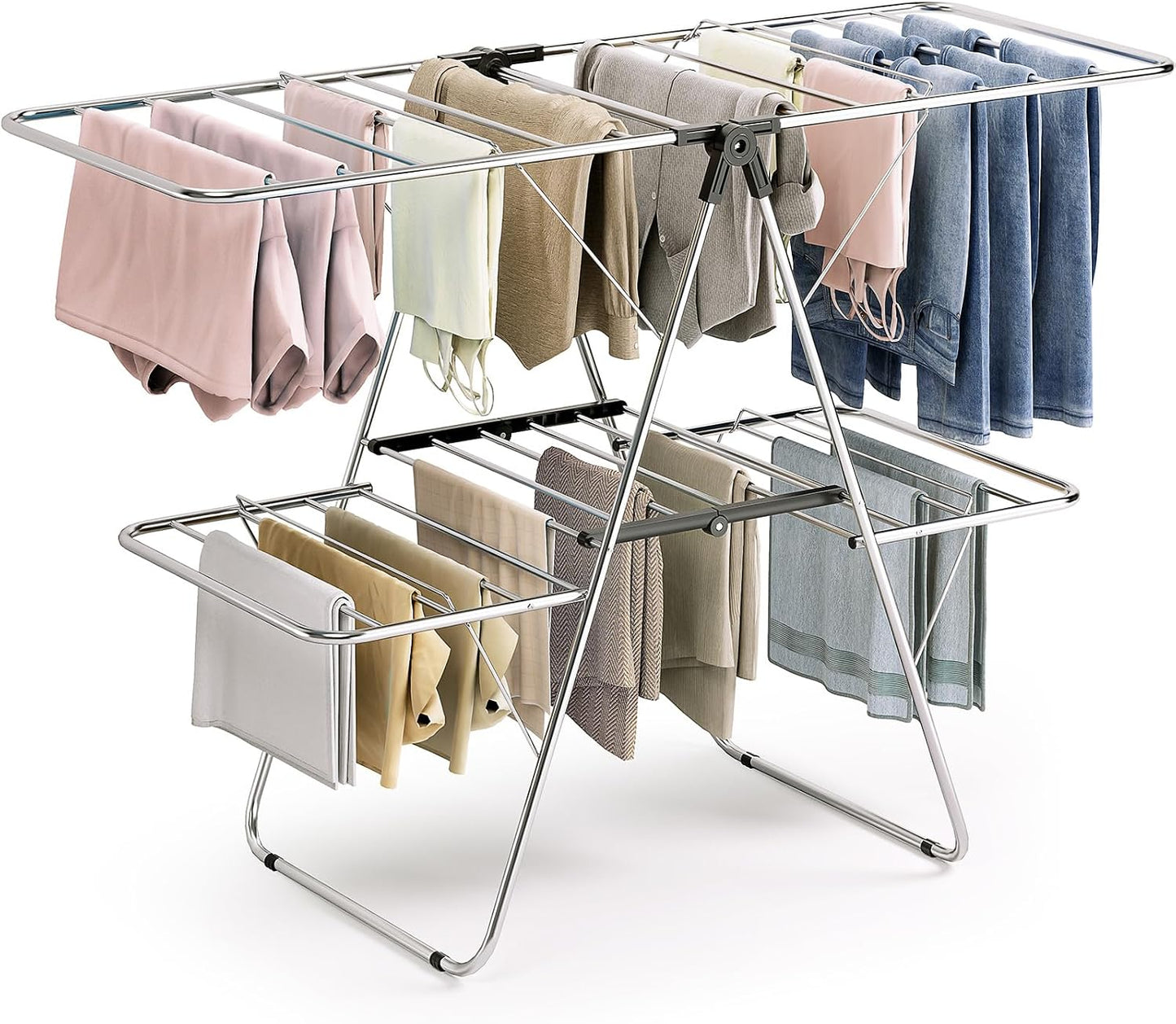 APEXCHASER Large Stainless Steel Clothes Drying Rack, Drying Rack Clothing with Height-Adjustable, Foldable Gullwings Laundry Rack, Indoor Outdoor Use, No Assembly,Black