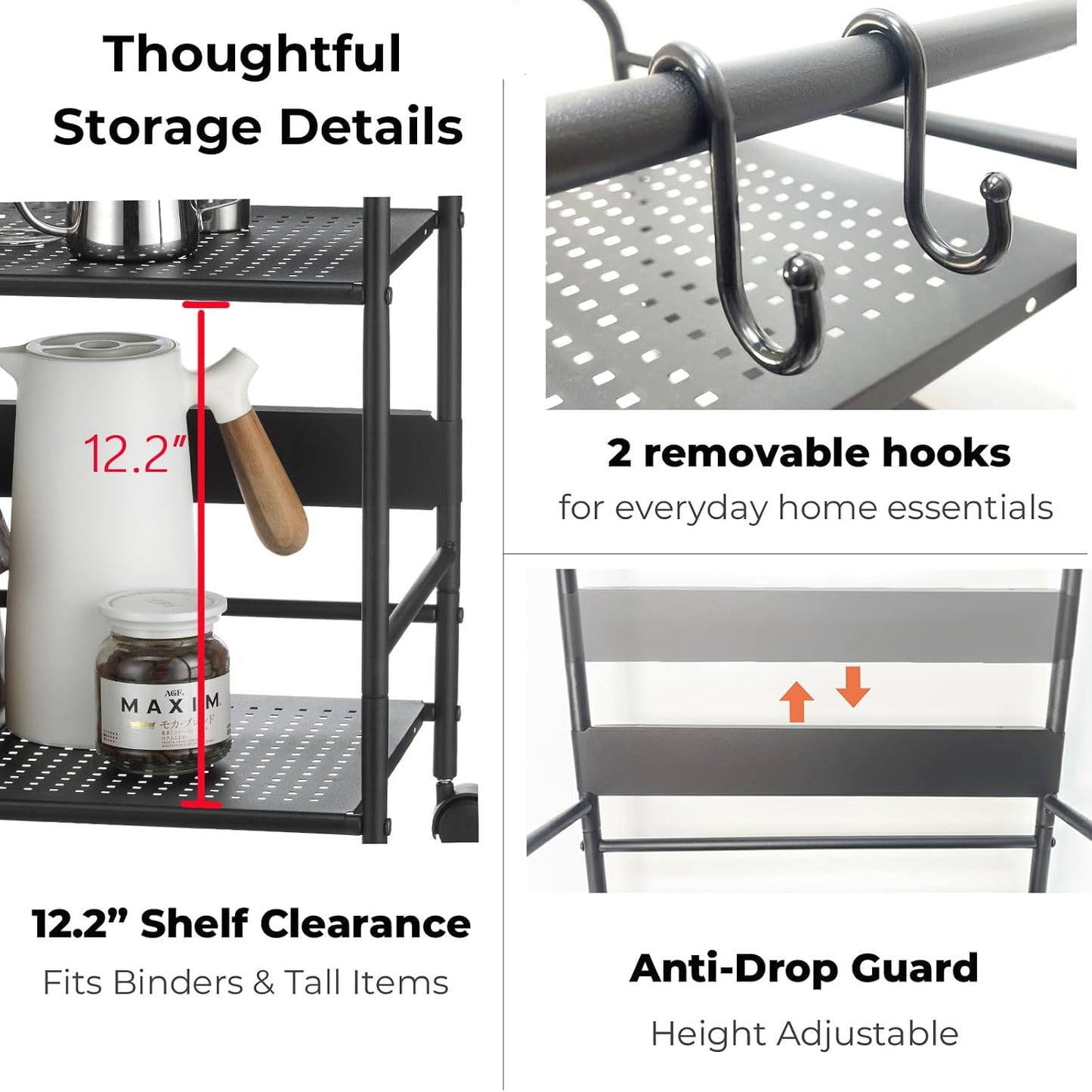 2-Tier Metal Rolling Cart, Compact Under Desk Storage Organizer | 12.2" clearance fits binders & tall bottles; anti-drop safety guard; small space mobile shelf for home, bedroom & office.