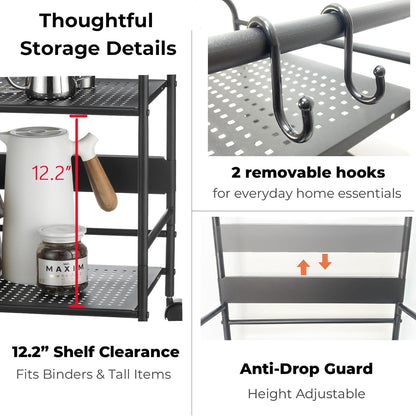 2-Tier Metal Rolling Cart, Compact Under Desk Storage Organizer | 12.2" clearance fits binders & tall bottles; anti-drop safety guard; small space mobile shelf for home, bedroom & office.