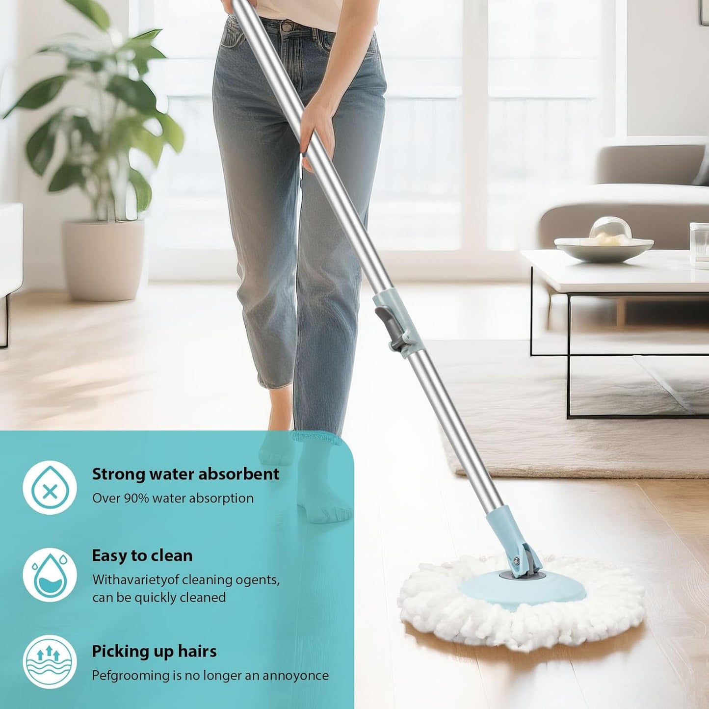 Spin Mop and Bucket with Wringer Set, 360° Spinning Mop Bucket System with 3 Microfiber Mop Replacement Heads, Adjustable Handle for Floor Cleaning (Green)