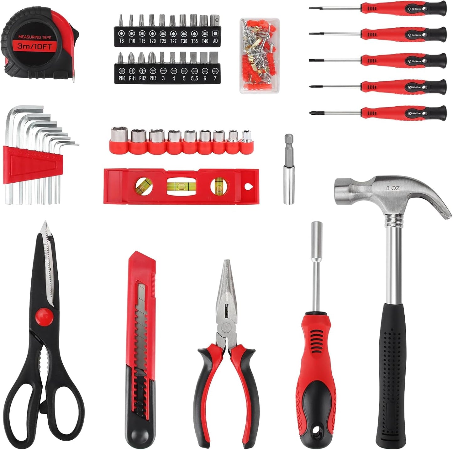 51-Piece Red Tool Set, Home Tool Kit with Toolbox Storage Case Home Repair Tool Kit with Drawer for Women
