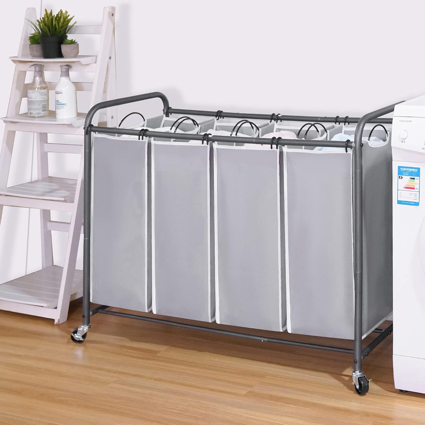 STO STO Laundry Sorter 3 Section, 3 Bag Clothes Hamper, Rolling Laundry Cart Basket with Heavy Duty Lockable Wheels and Removable Bag for Laundry Room, Bedroom, Closet, Gray