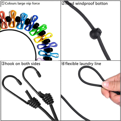 2 Pack Portable Clothesline with 12 Clothespins, Windproof Travel Stretchy Retractable Elastic Laundry Clothes Line for Backyard, Vacation Hotel, Balcony Drying