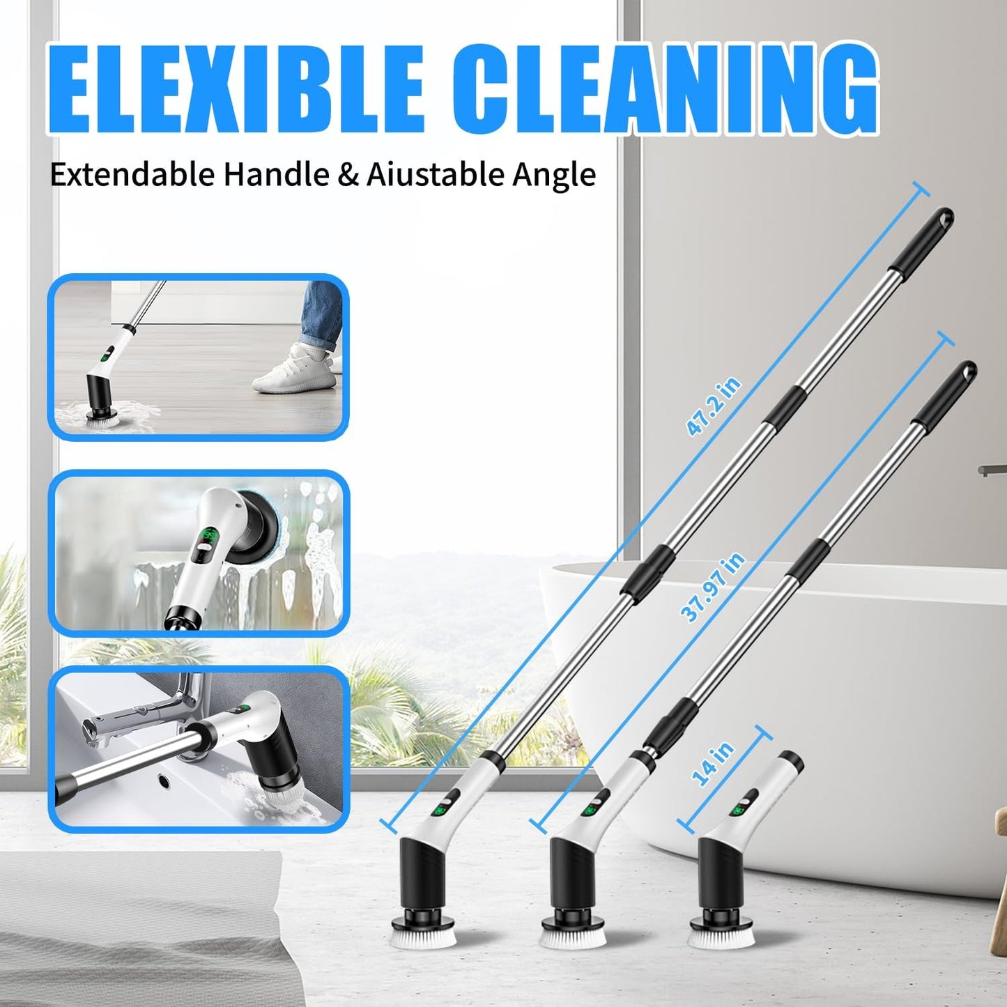 Electric Spin Scrubber, Cordless Power Cleaning Brush with 7 Replaceable Heads, Adjustable Long Handle, & LCD Display, IPX7 Waterproof Shower Scrubber for Bathroom, Tub, Tile, Kitchen & Car