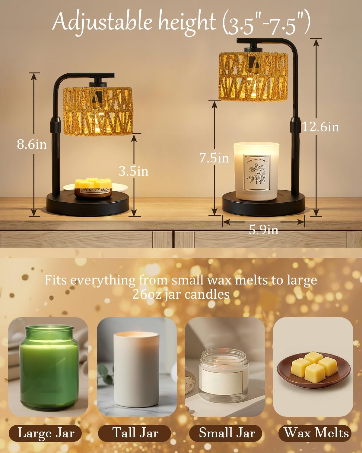 Candle Warmer Lamp with Timer Dimmer, Height Adjustable Modern Farmhouse Candle Warmer, Electric Candle Lamp Warmer with 2 Bulbs, Birthday Gifts for Women Mom, Gift for Home Decor