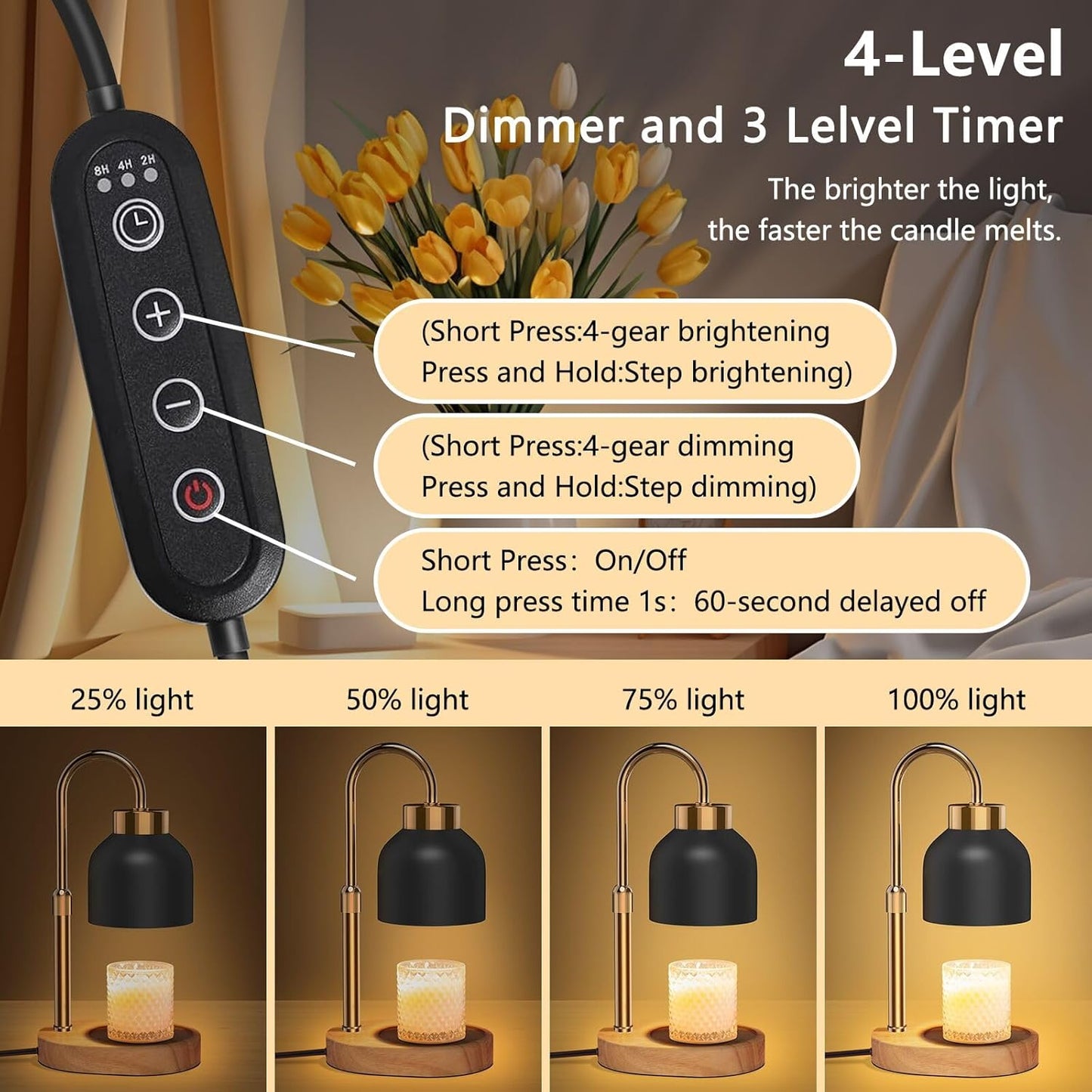 Candle Warmer Lamp with Timer Dimmer, Height & Brightness Adjustable | Black Electric Wax Warmer for Women Mom, Christmas & Birthday Gift, House Warming Gift New Home Decor