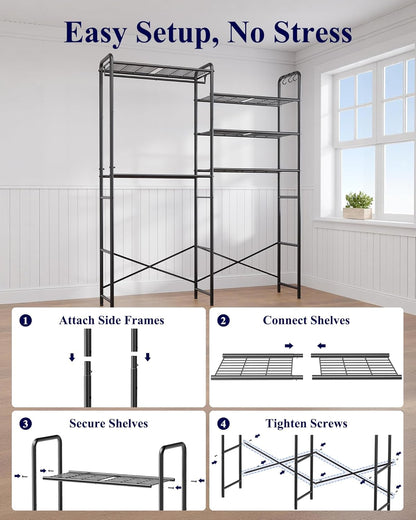 Kitsure Laundry Room Shelves - Multi-Functional Over Washer and Dryer Shelves with Hanging Bar & Removable Hooks, Space-Saving Organizer for Laundry Room, Kitchen, 58.4" W x 13.0" D x 70.9" H, Black