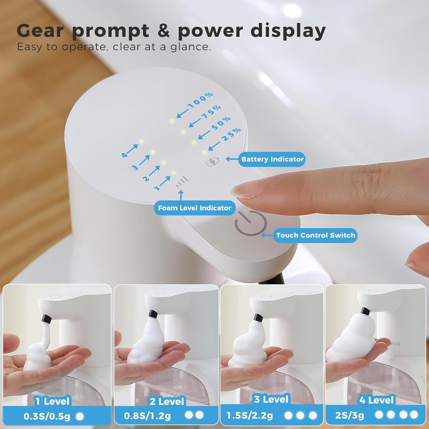 Automatic Foaming Soap Dispenser, 17oz/500ml Touchless Rechargeable with 4-Level Adjustable & IPX5 Waterproof - Level Display for Wall/Tabletop Use in Bathroom, Kitchen, Black