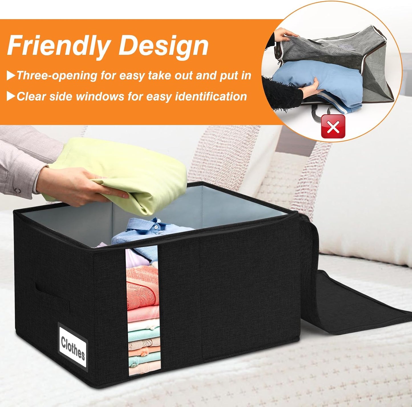 60L Blanket/Comforter Storage Bag w/Rigid Side & Bottom Support, Stackable Clothes Storage Bin for Sweaters Bedding Sets Quilts Pillows, Closet Organizer, 21.7x14.2x11.8in, 2 Pack, Gray
