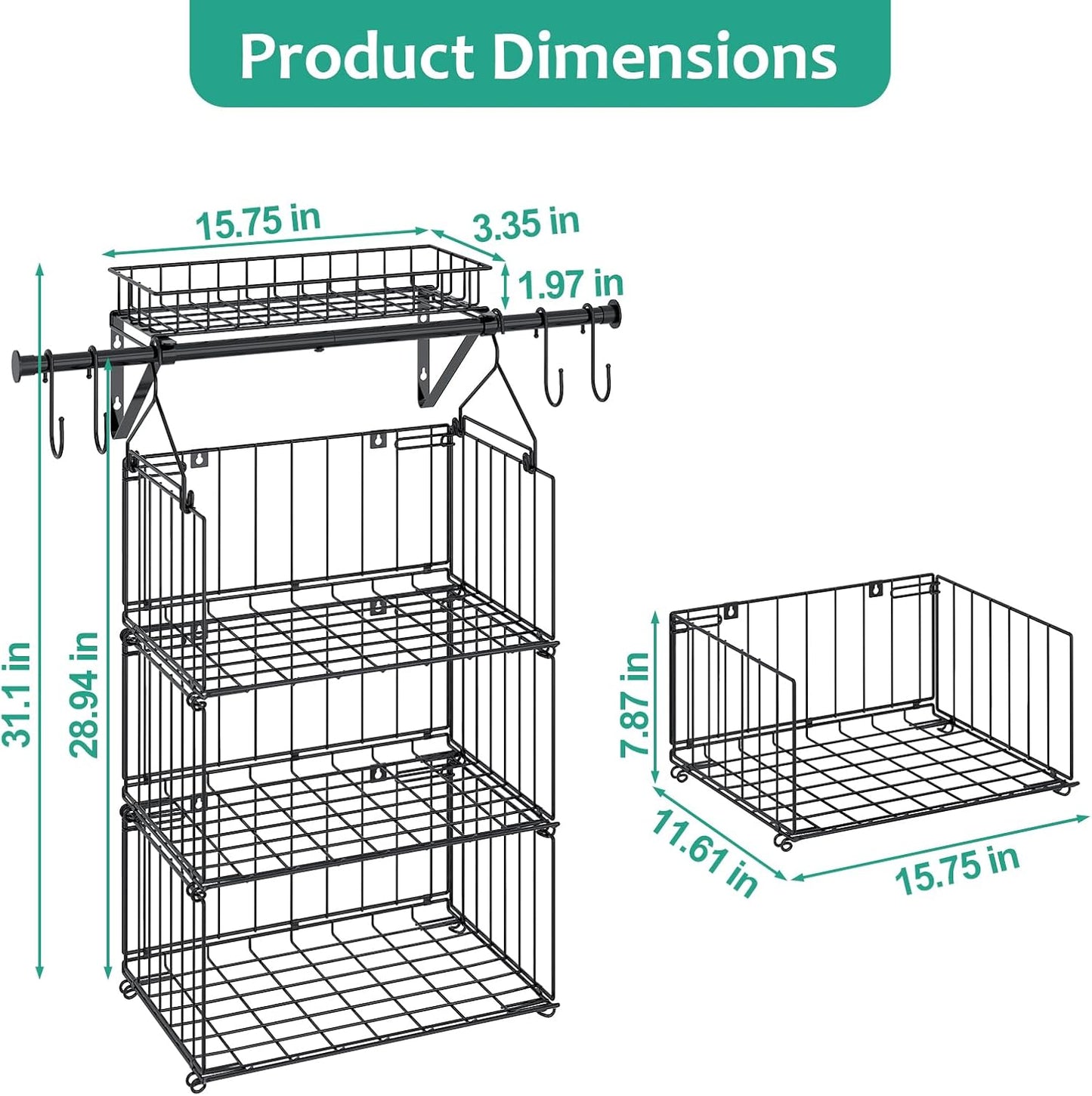 BUKFEN 3 Tier Hanging Closet Organizer, Wall Mounted Wire Storage Shelf with 4 Hooks, Foldable Stackable Organizer for Laundry Room, Bedroom, Bathroom, 1 Pack