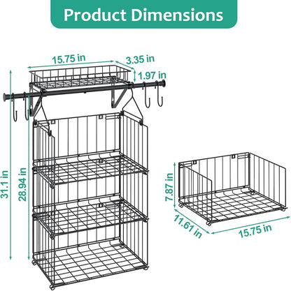 BUKFEN 3 Tier Hanging Closet Organizer, Wall Mounted Wire Storage Shelf with 4 Hooks, Foldable Stackable Organizer for Laundry Room, Bedroom, Bathroom, 1 Pack