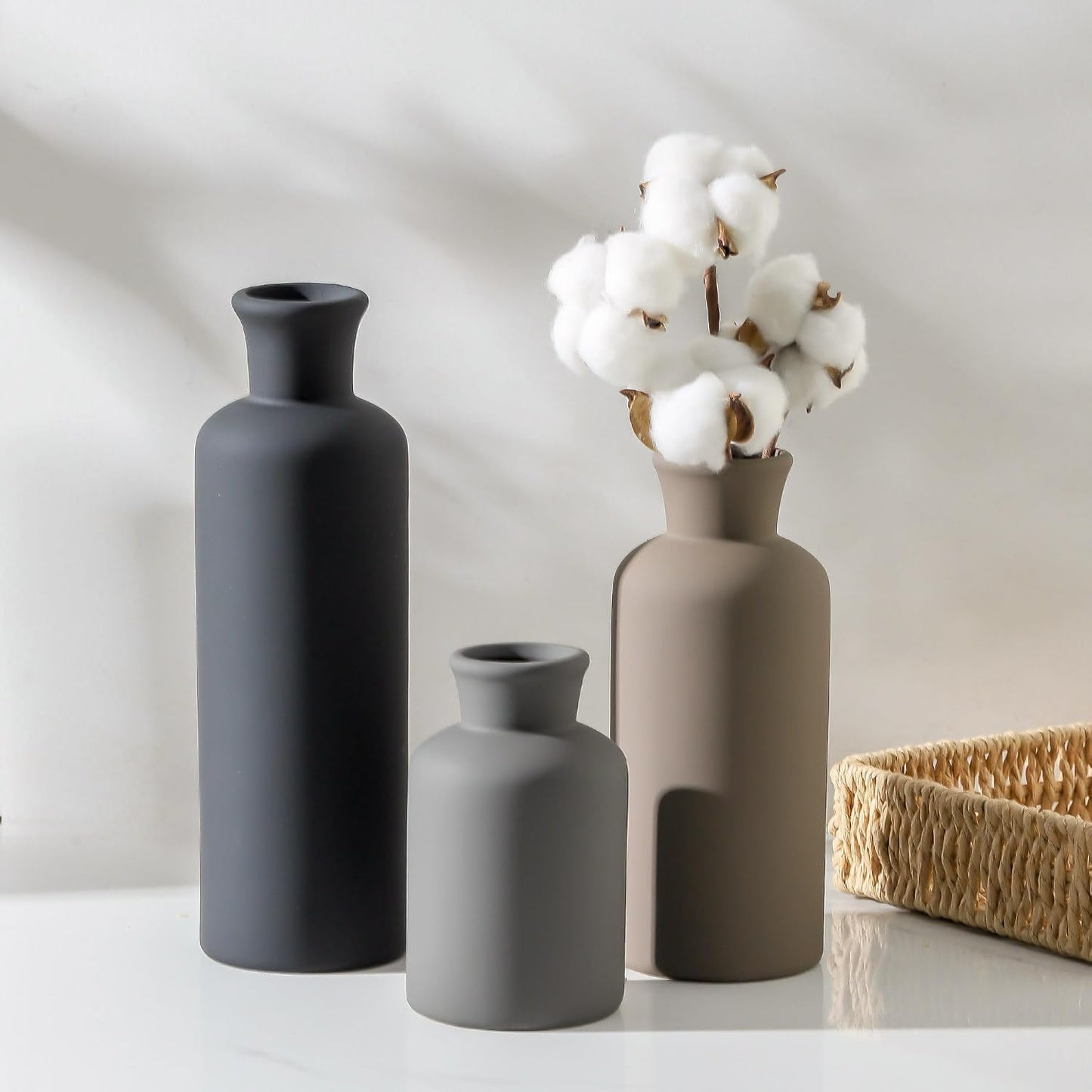 Ceramic Vase Set of 3, Decorative Vases Home Decor Modern Neutral Flower Pampass Boho Vase for Living Room, Table, Mantel, Entryway, Bookshelf, Kitchen, Bedroom, Bathroom - White