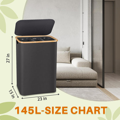 160L Laundry Hamper with Lid, 3 Section Laundry Basket with 3 Removable Bag | Clothes Hampers for Laundry with Bamboo Frame Handle, Large Dirty Clothes Hamper for Laundry Room, Bathroom, Bedroom, Black